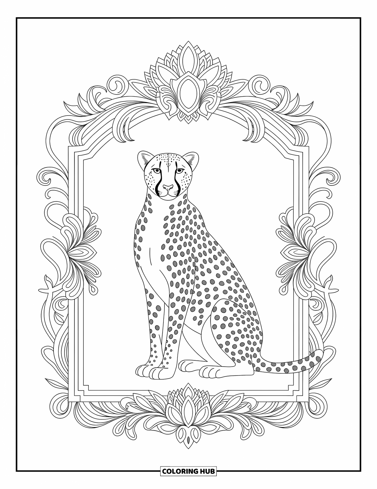 Cheetah Coloring Page for Adults: A regal cheetah sits within an ornate frame of tribal and floral patterns