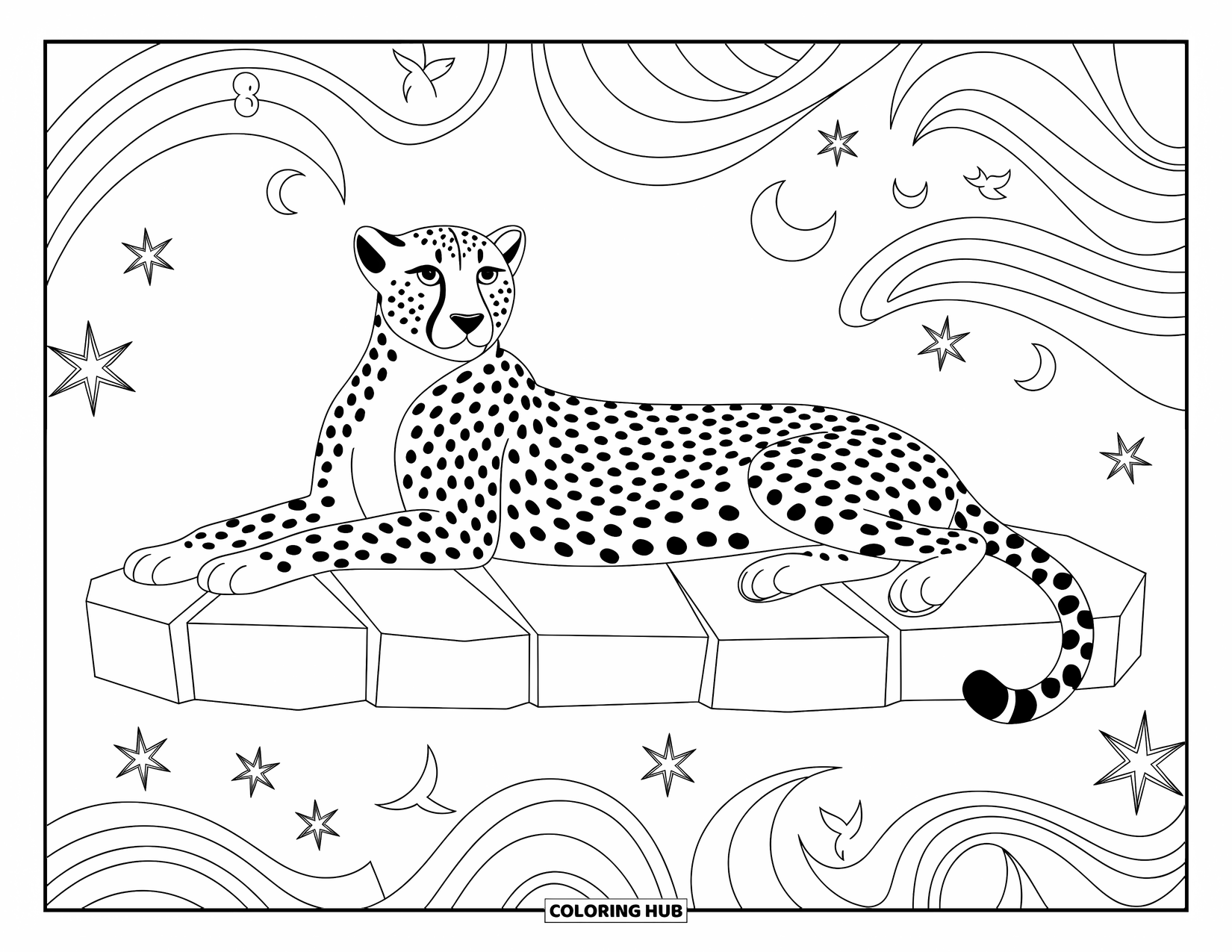 Cheetah Coloring Page for Adults: A relaxed cheetah lies on a slab framed by flowing stars, moons, and foliage