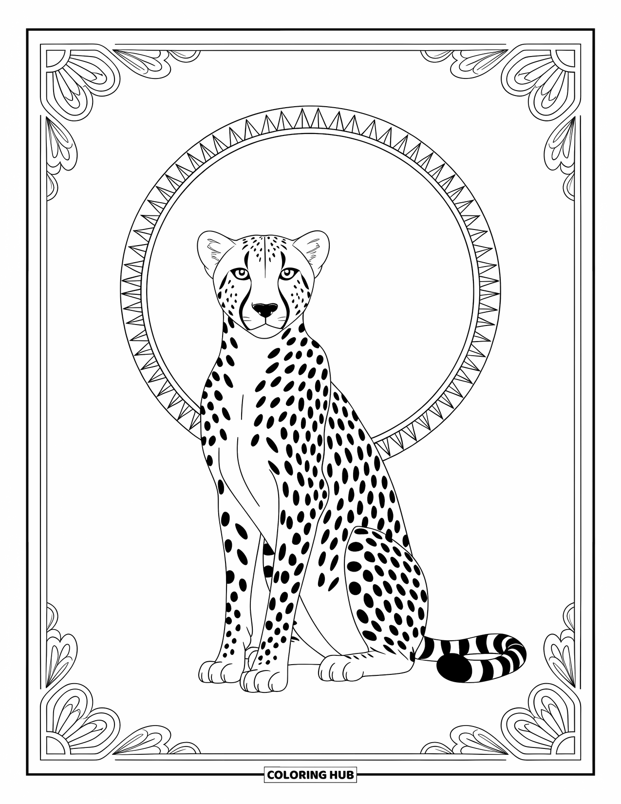 Cheetah Coloring Page for Adults: A serene cheetah sits with a patterned halo and an elegant border of swirling designs