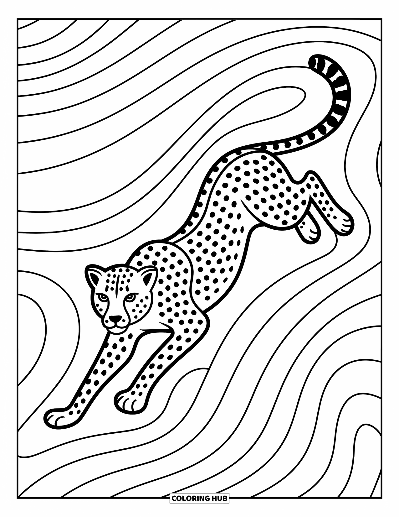 Cheetah Coloring Page for Adults: A sleek cheetah pounces through a swirl of elegant, detailed background designs
