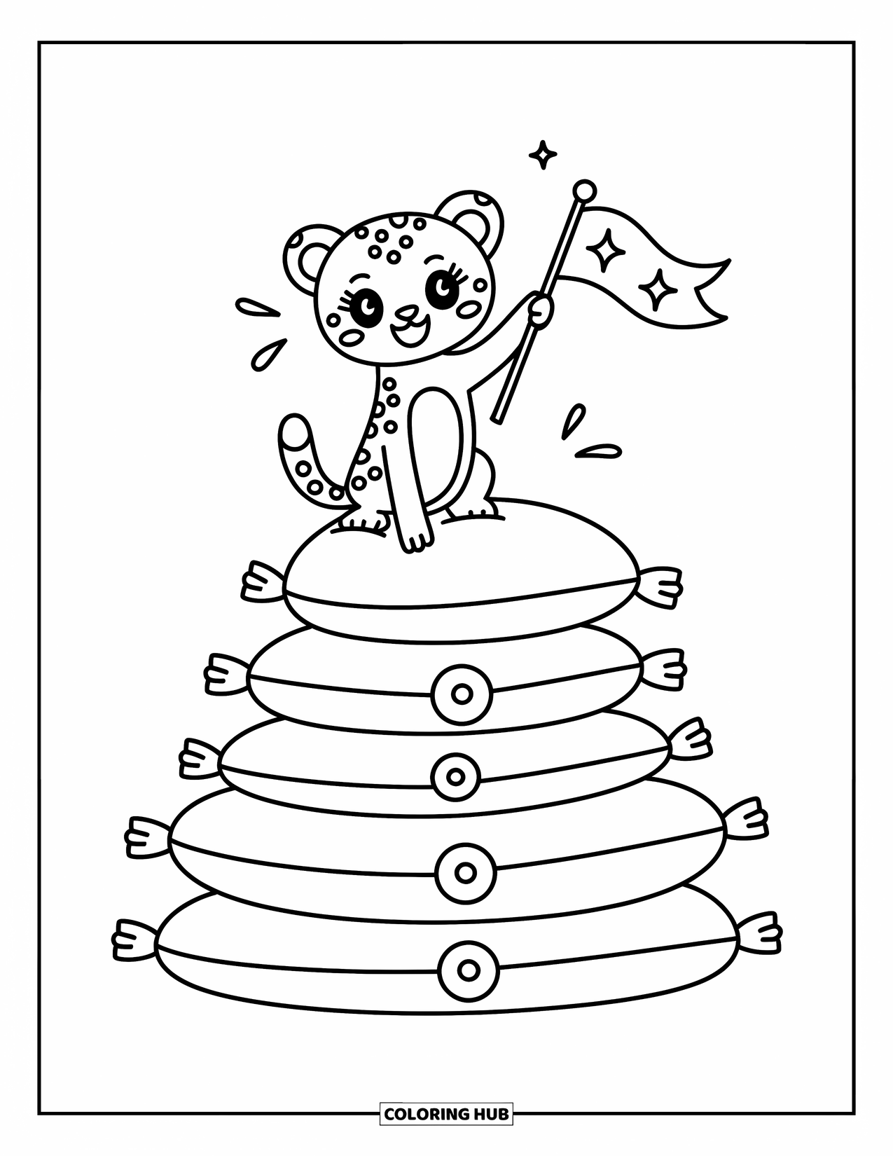 Cheetah Coloring Page for Adults: A small cheetah climbs plush cushions and proudly waves a sparkling flag