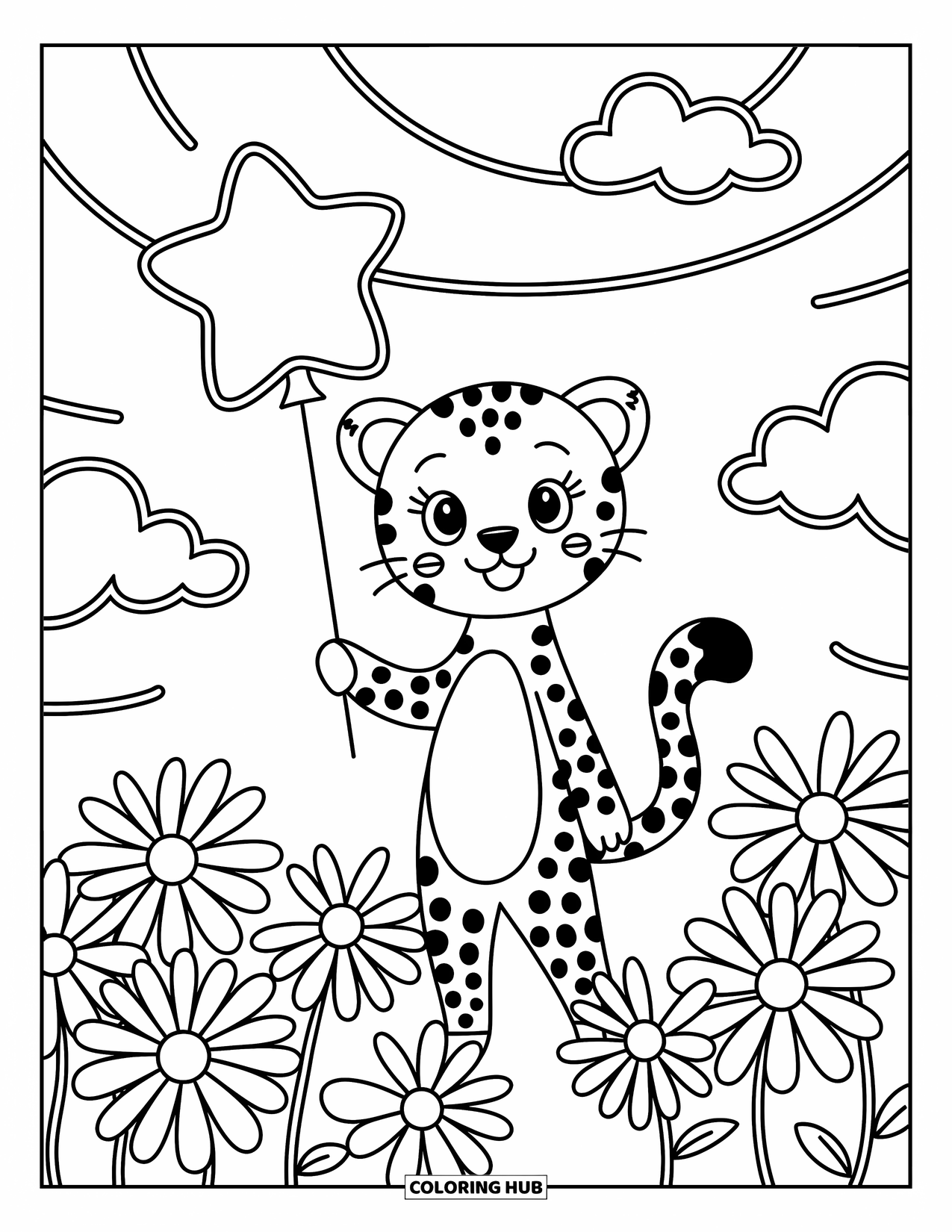 Cheetah Coloring Page for Adults: A smiling cheetah stands in daisies with a star balloon and swirling clouds above