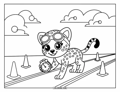 Coloriage Guépard pour adultes : Un guépard rapide se prépare sur la piste de course avec des cônes, des drapeaux et des nuages de flèches tourbillonnants