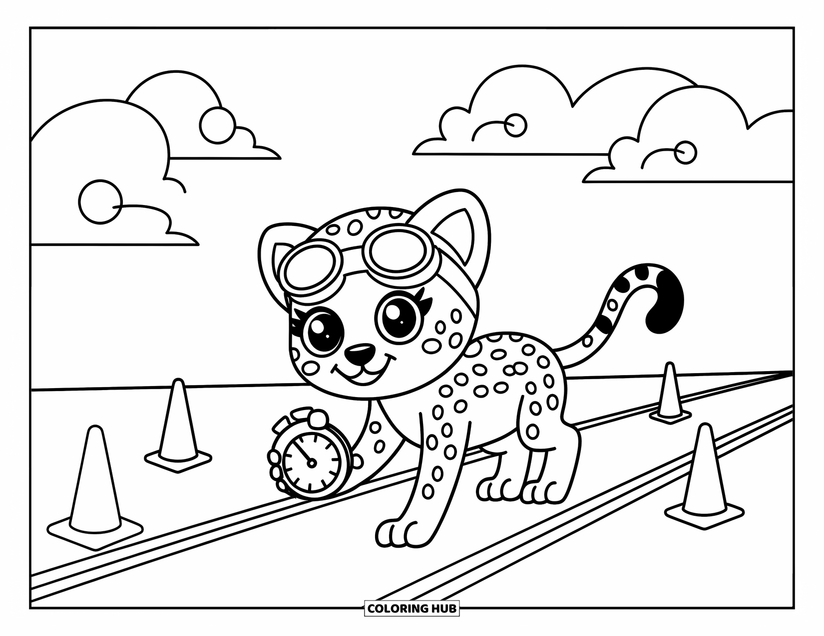 Cheetah Coloring Page for Adults: A speedy cheetah gears up at the racetrack with cones, flags, and swirling arrow clouds