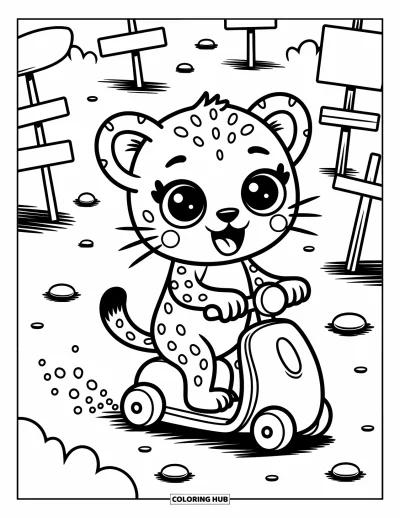 Coloriage Guépard pour adultes : Un guépard rapide fait la course avec une trottinette dans un parc, laissant de minuscules nuages de poussière derrière lui