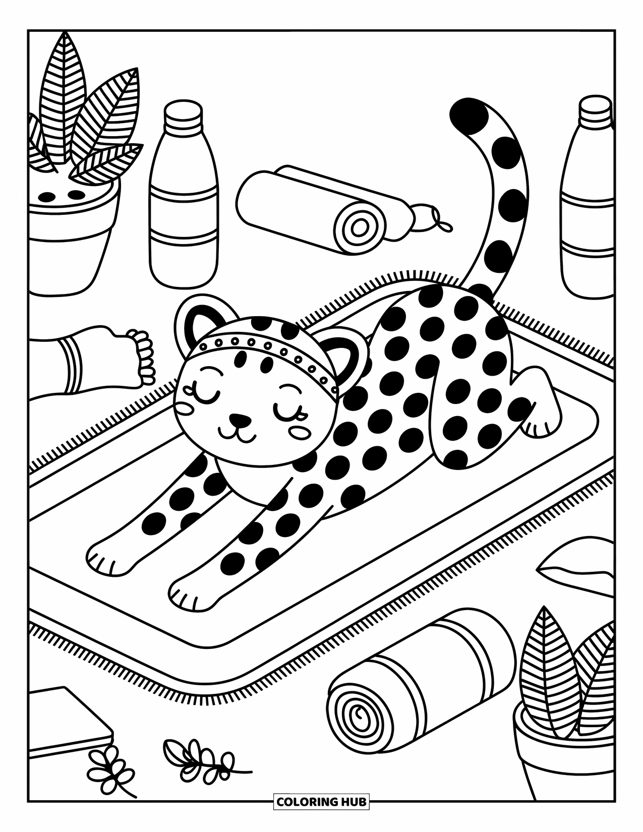 Cheetah Coloring Page for Adults: A tiny cheetah in a ribbon headband stretches on a mat with towels and plant pots nearby