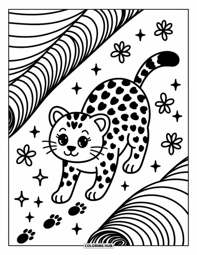 Coloriage Guépard pour adultes : Un minuscule guépard sort d’un tunnel avec des trèfles et des empreintes de pattes parsemant la scène confortable