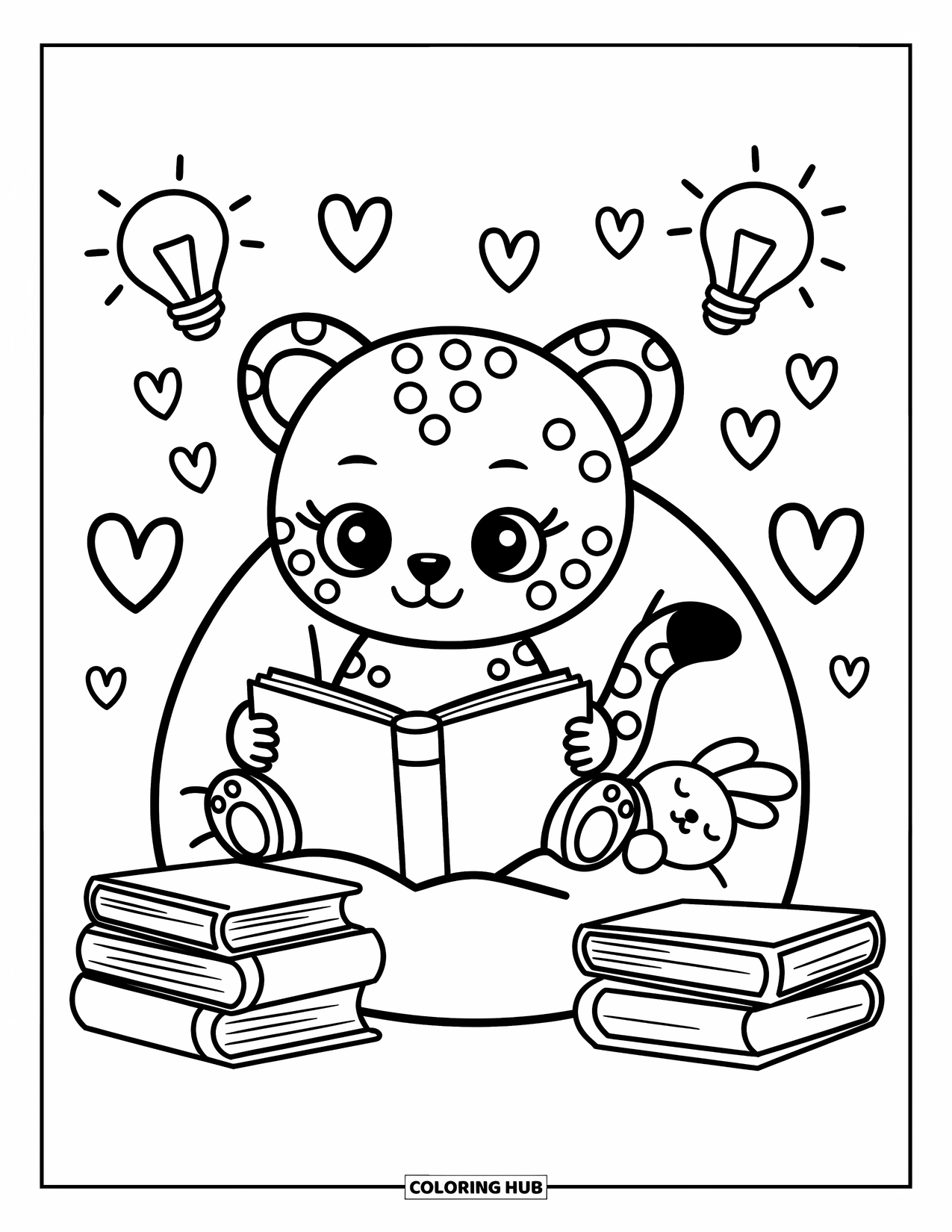 Cheetah Coloring Page for Adults: A tiny cheetah reads on a beanbag, books around and a cuddly bunny by its side