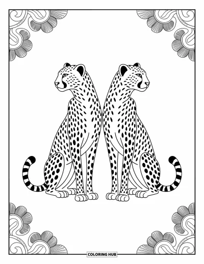 Coloriage Guépard pour adultes : Des guépards symétriques se tiennent dos à dos, entourés de bordures complexes et de motifs gracieux