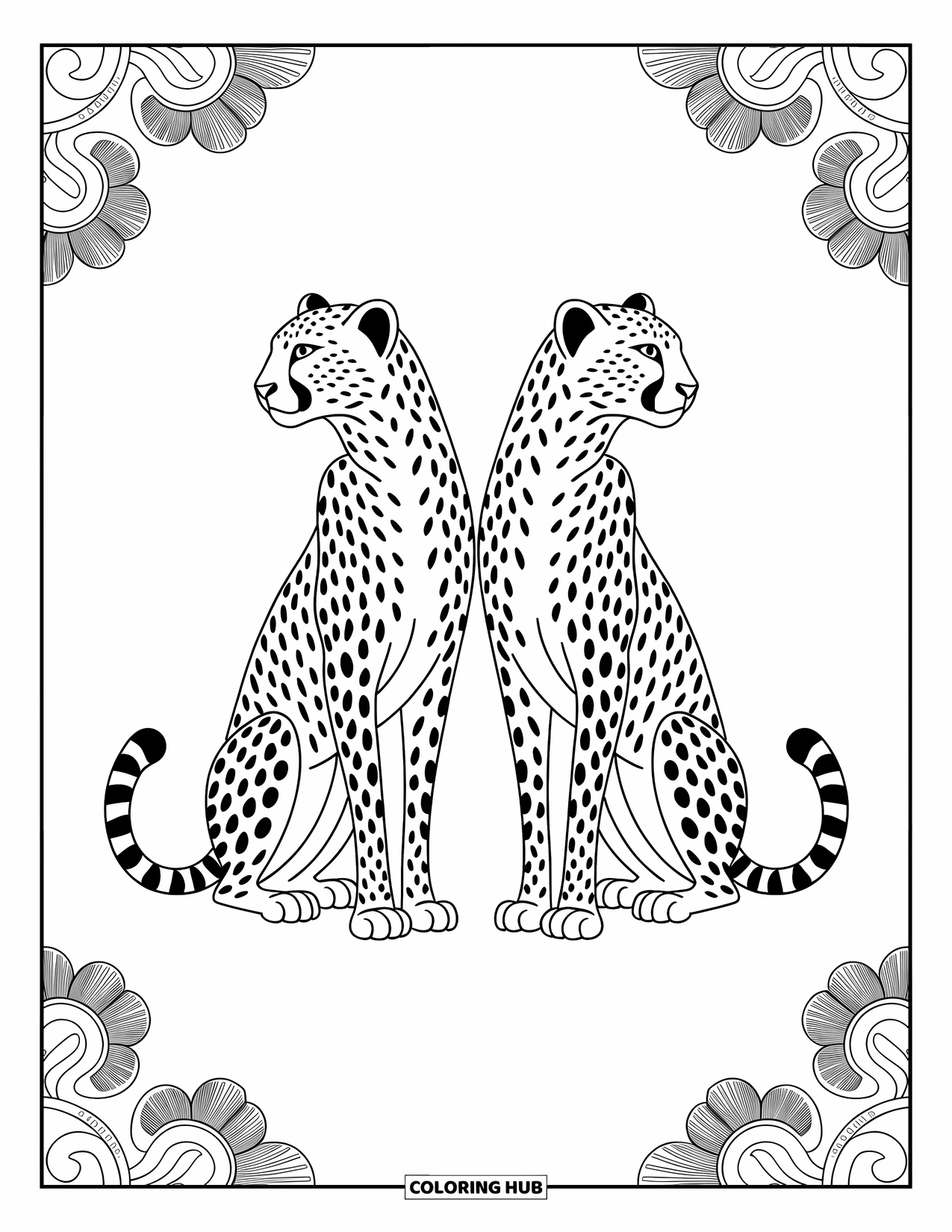 Cheetah Coloring Page for Adults: Symmetrical cheetahs stand back-to-back, surrounded by intricate borders and graceful patterns