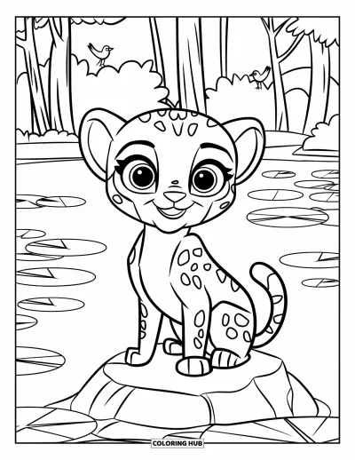 Coloriage Guépard pour enfants : Un bébé guépard est assis sur un rocher dans un lac, des oiseaux et des arbres derrière