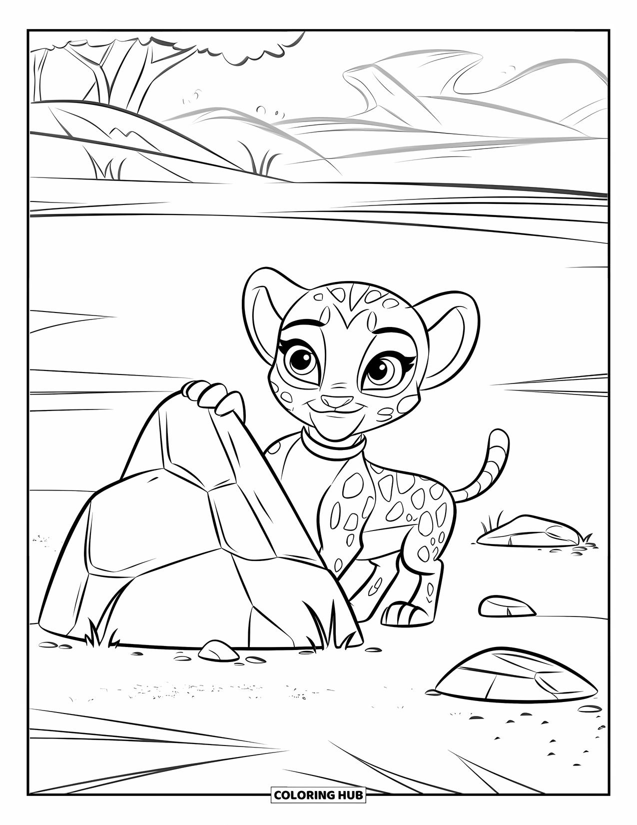 Cheetah Coloring Page for Kids: A baby cheetah wearing a collar peeks behind a rock in a sandy field