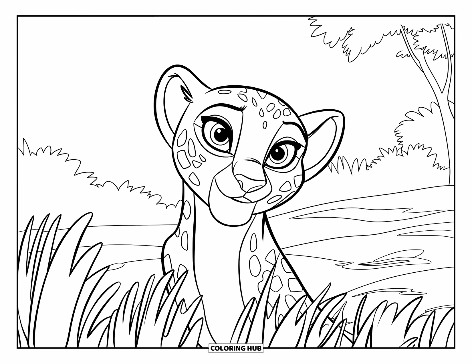 Cheetah Coloring Page for Kids: A cheerful cheetah peeks through grass under a clear sky with a few trees