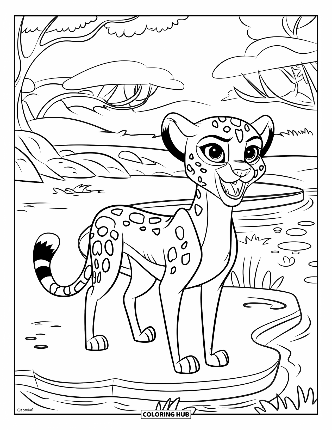 Cheetah Coloring Page for Kids: A cheerful cheetah shows its teeth near a watering hole surrounded by trees and rocks