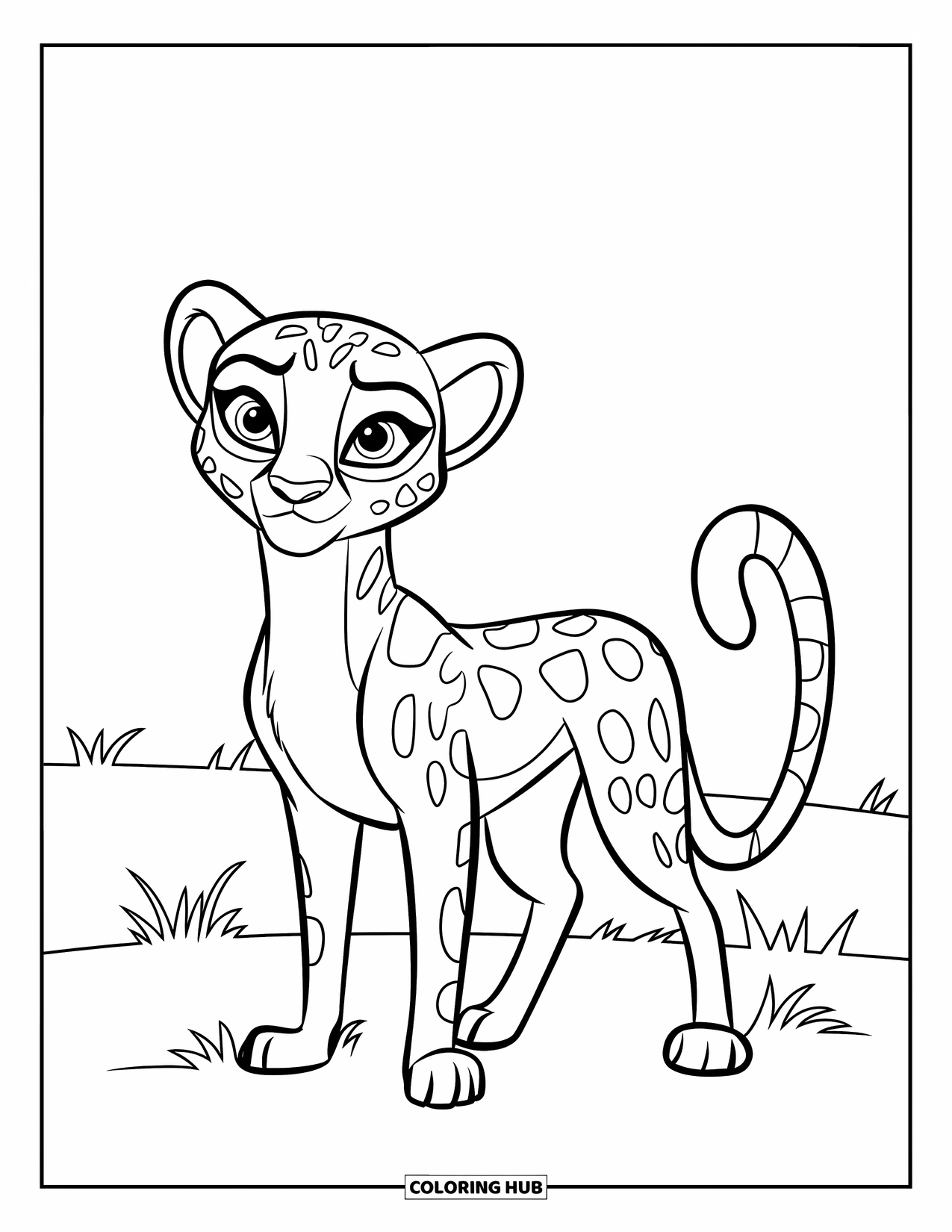 Cheetah Coloring Page for Kids: A cheerful cheetah stands in a grassy field with its tail curled back