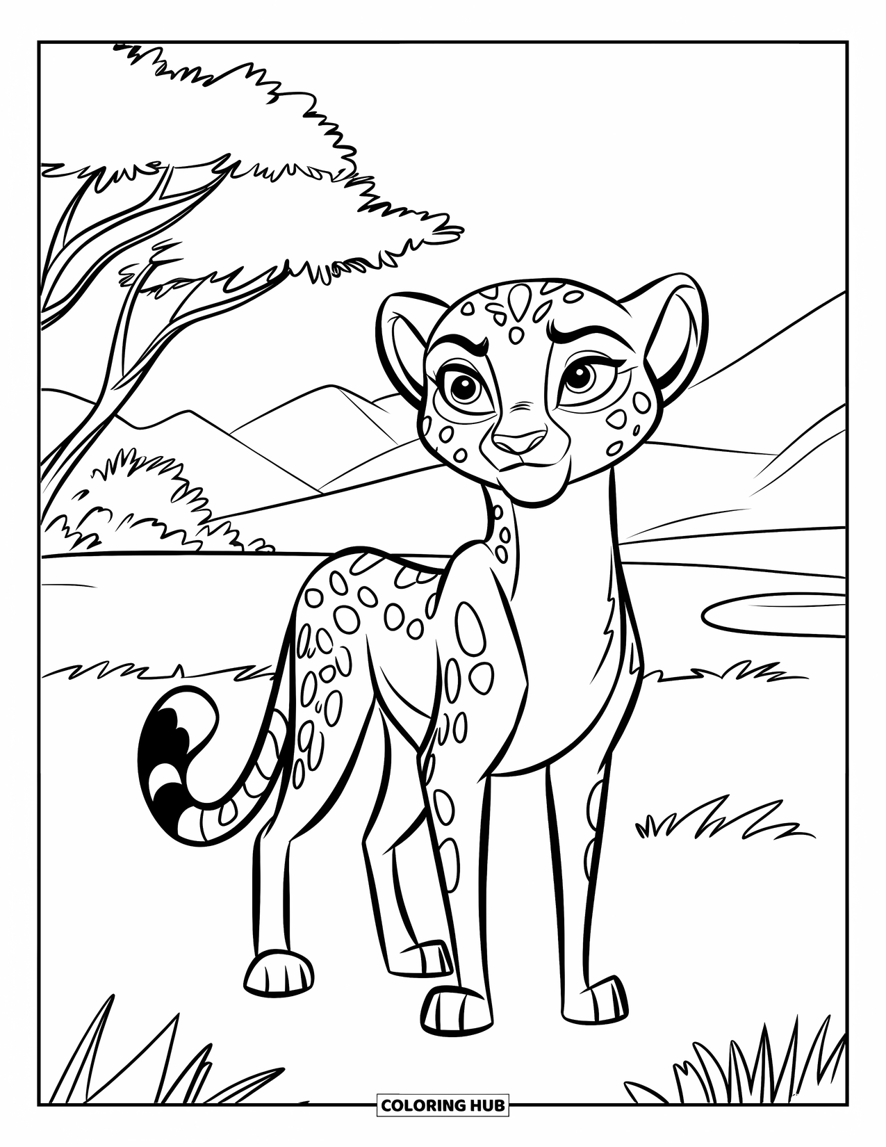 Cheetah Coloring Page for Kids: A cheerful cheetah stands on grass, tail curled, with trees and mountains in the background