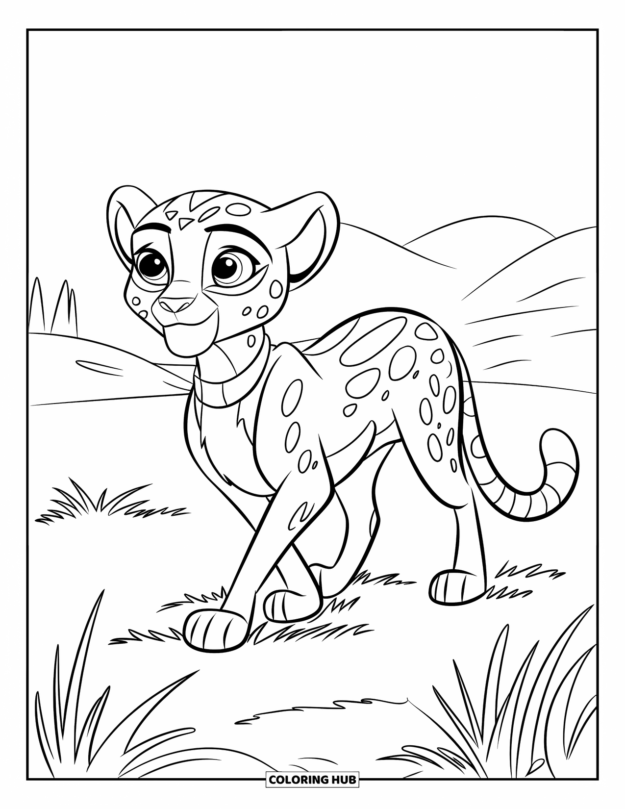 Cheetah Coloring Page for Kids: A cheerful cheetah strolls through short grass with big, expressive eyes