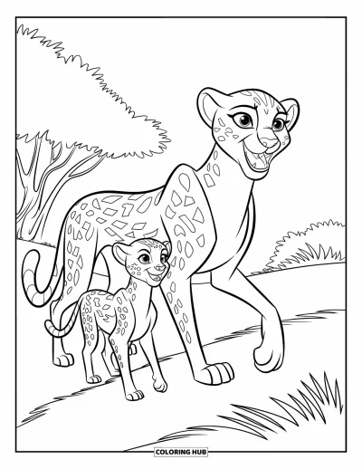 Coloriage Guépard pour enfants : Un guépard et son petit marchent dans l’herbe avec de grands yeux et des arbres en arrière-plan