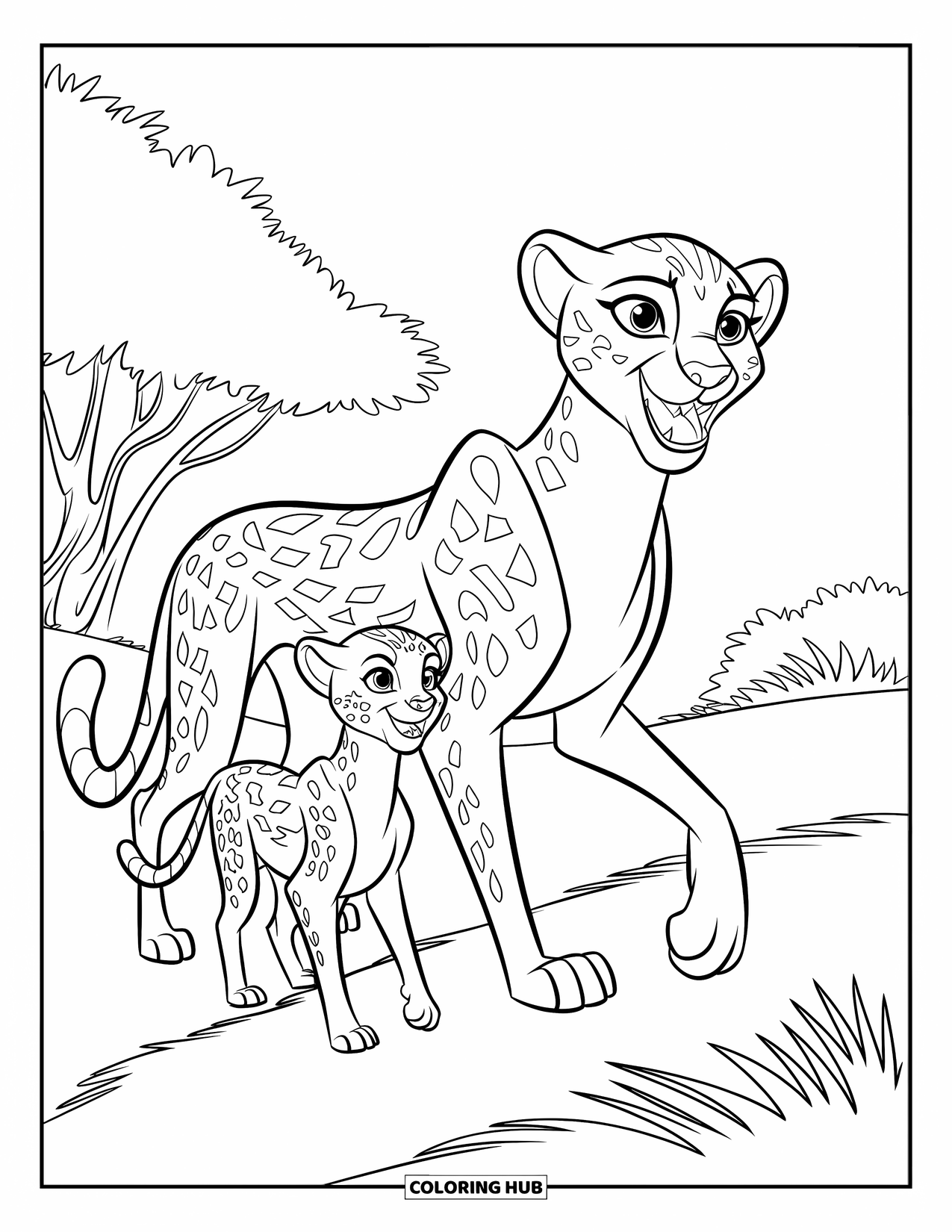 Cheetah Coloring Page for Kids: A cheetah and cub walk through grass with wide eyes and trees in the background