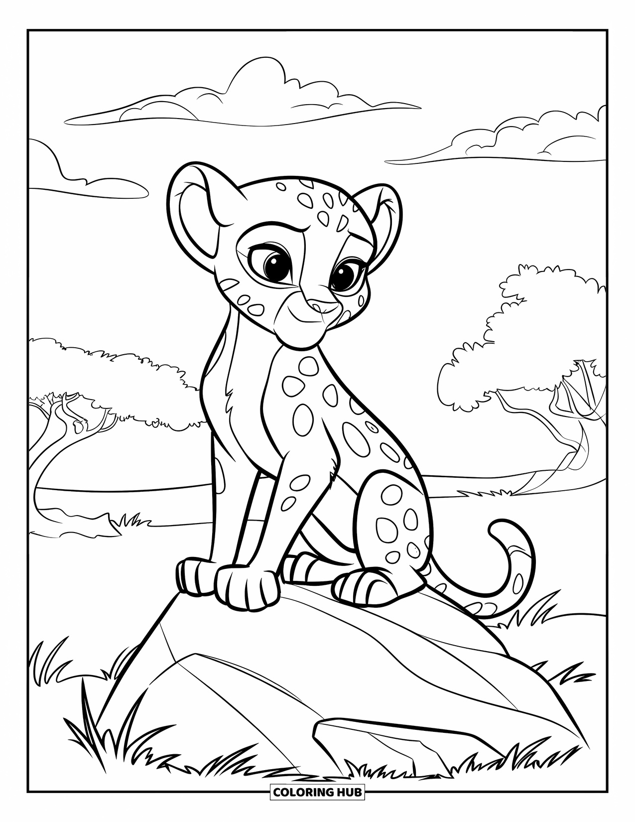 Cheetah Coloring Page for Kids: A cheetah cub perches on a rock in the grass, gazing at trees and clouds