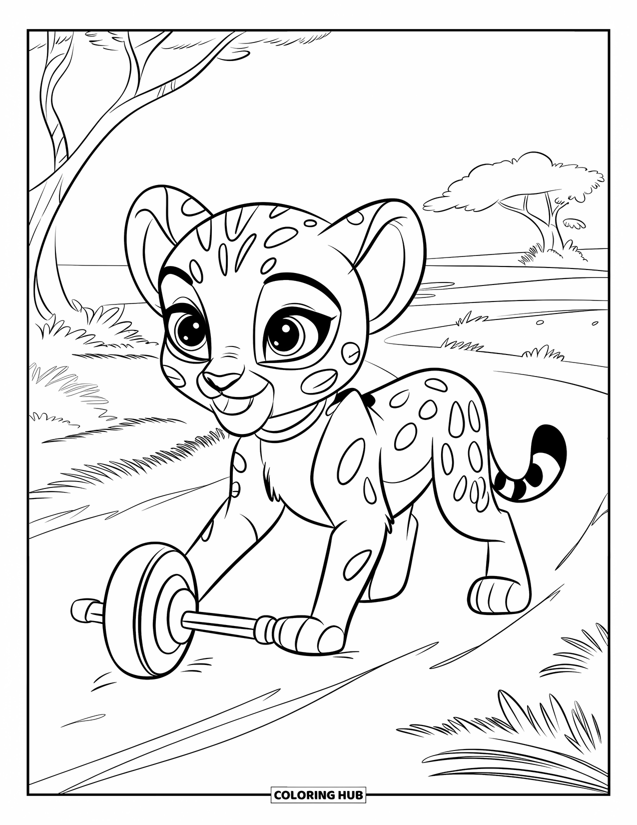 Cheetah Coloring Page for Kids: A cheetah cub with big eyes plays with a wheeled toy on a trail with trees and bushes