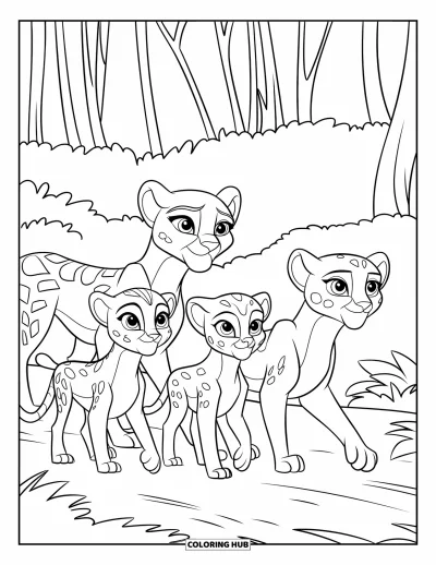 Coloriage Guépard pour enfants : Une famille de guépards marche le long d’un sentier de la jungle bordé de grands arbres et de verdure luxuriante