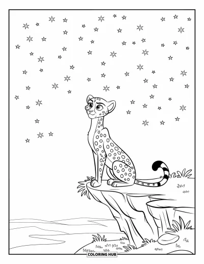 Coloriage Guépard pour enfants : Un guépard contemple les étoiles depuis une falaise rocheuse du désert entourée de plantes et de silence