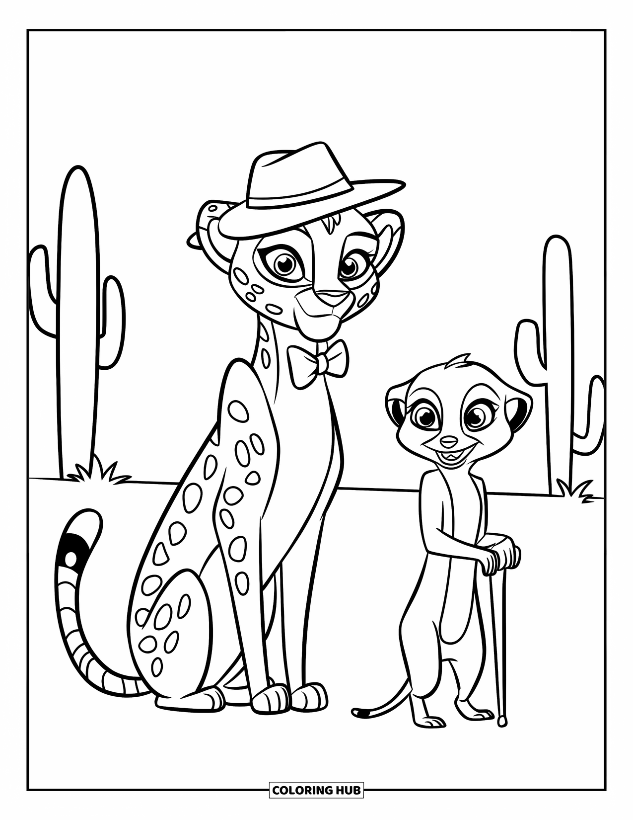 Cheetah Coloring Page for Kids: A cheetah in a hat and bowtie stands with a meerkat in a cactus-filled field
