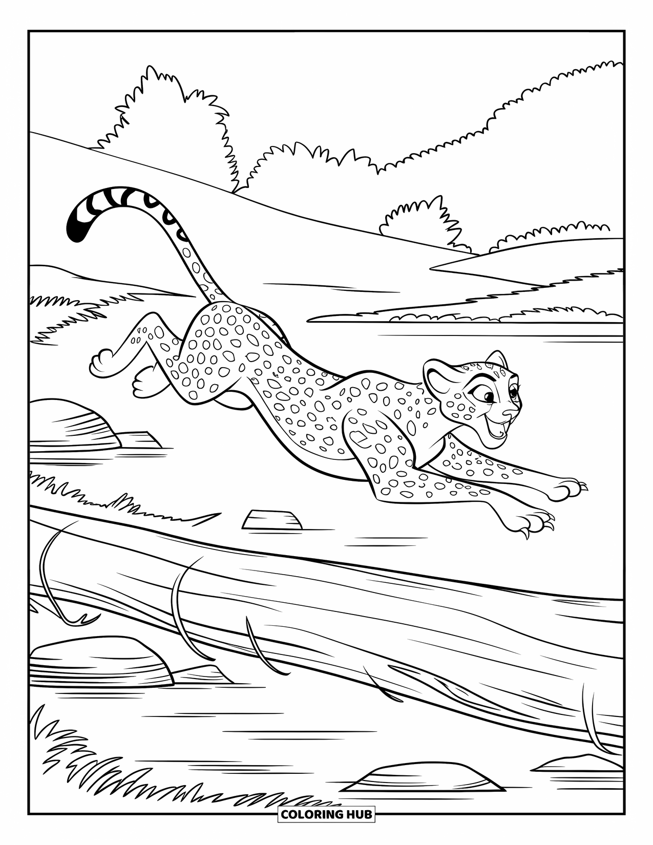Cheetah Coloring Page for Kids: A cheetah leaps over a log near water and rocks with hills in the background