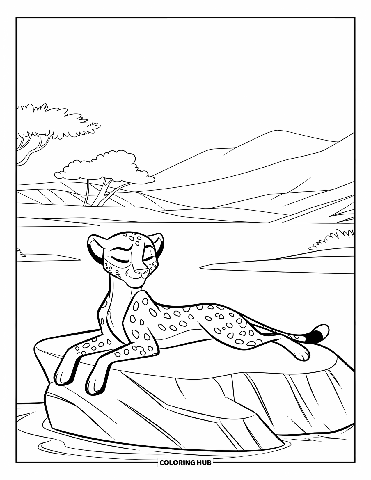 Cheetah Coloring Page for Kids: A cheetah lounges on a rock with its eyes closed, surrounded by trees and water
