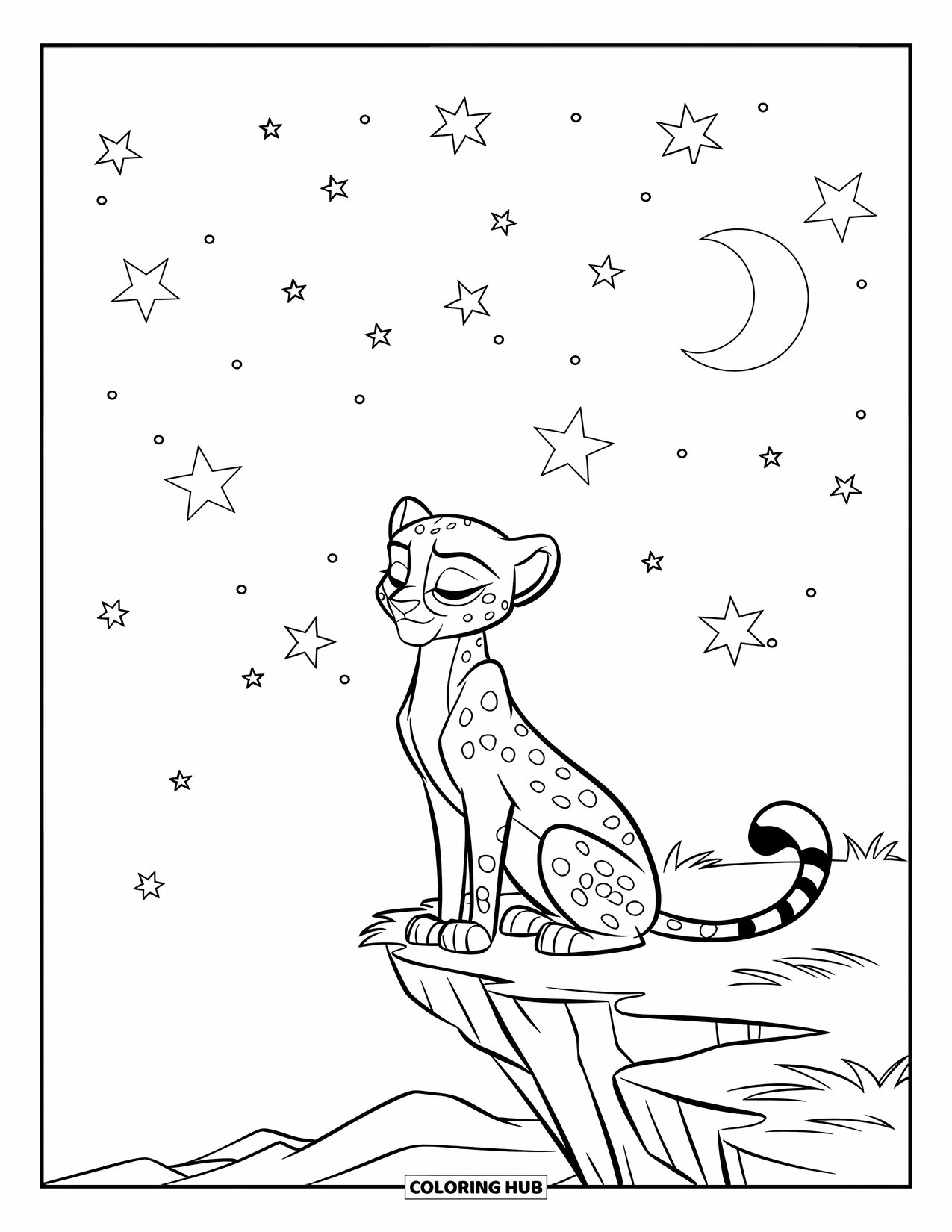 Cheetah Coloring Page for Kids: A cheetah rests on a cliff with closed eyes beneath stars and a crescent moon