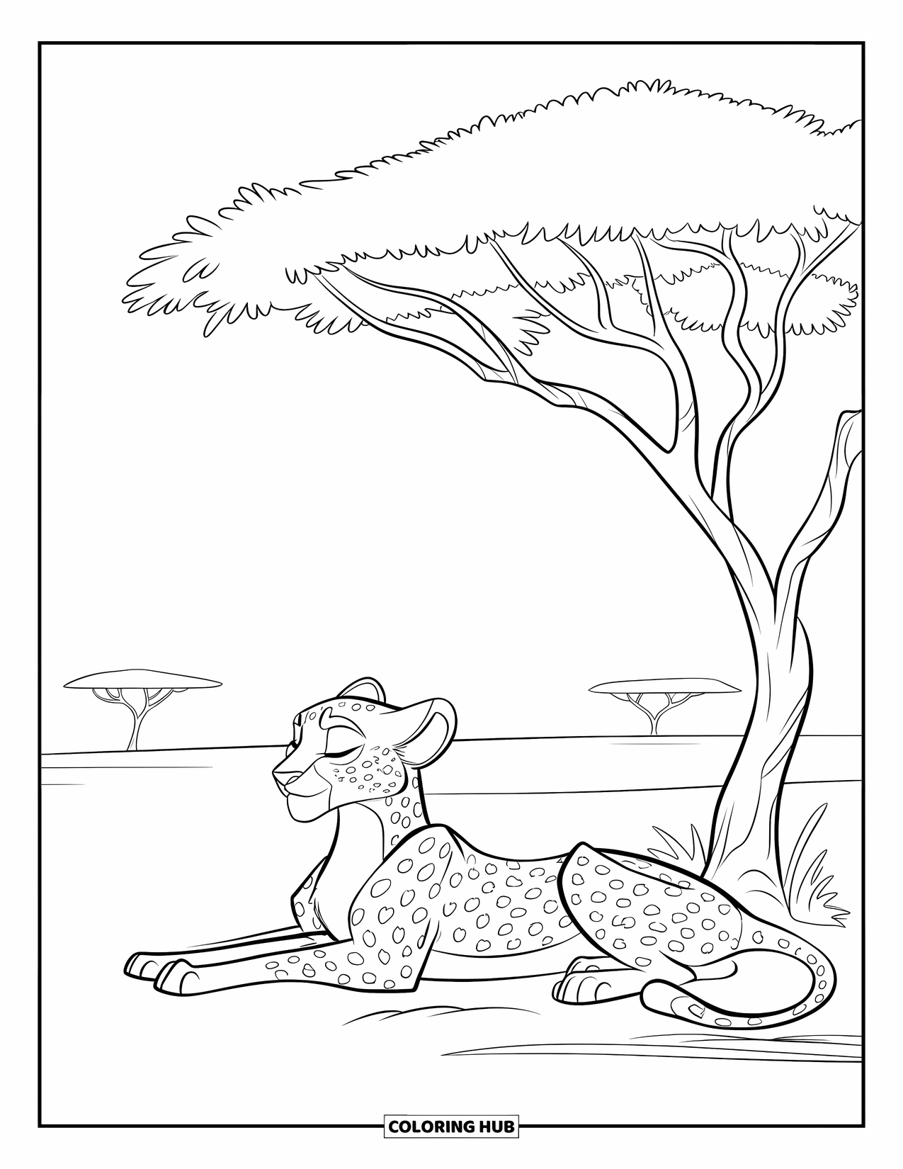 Cheetah Coloring Page for Kids: A cheetah rests under an acacia tree with eyes closed and open plains in the distance
