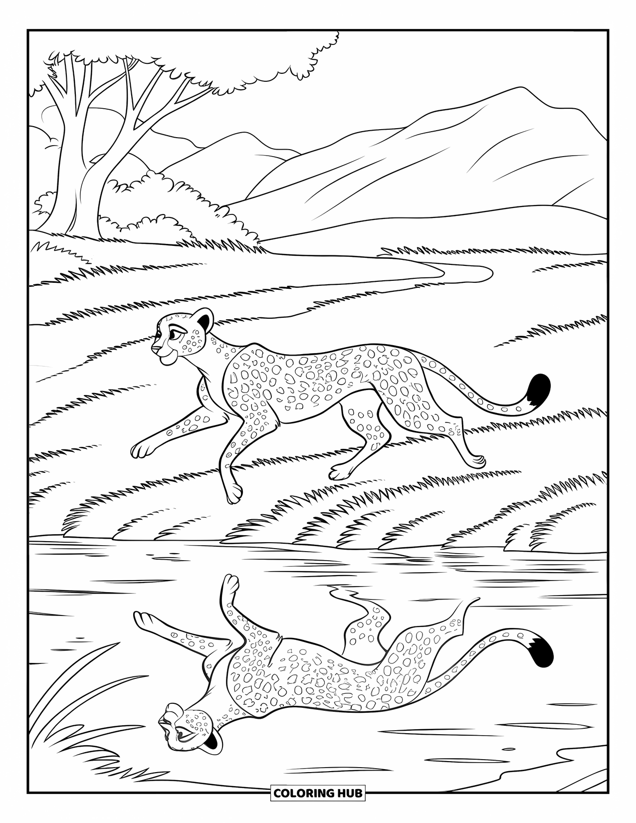 Cheetah Coloring Page for Kids: A cheetah runs near a stream, its reflection visible with trees and mountains behind