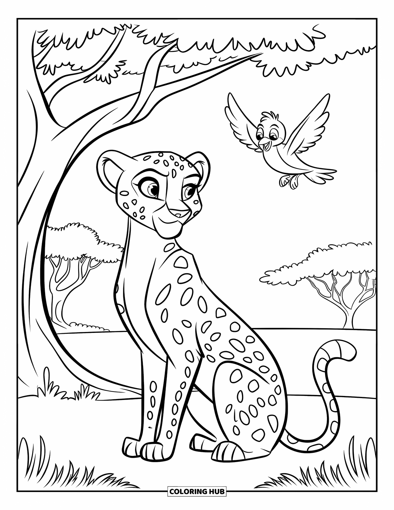 Cheetah Coloring Page for Kids: A cheetah sits under a tree as a bird flies above in a quiet, open field