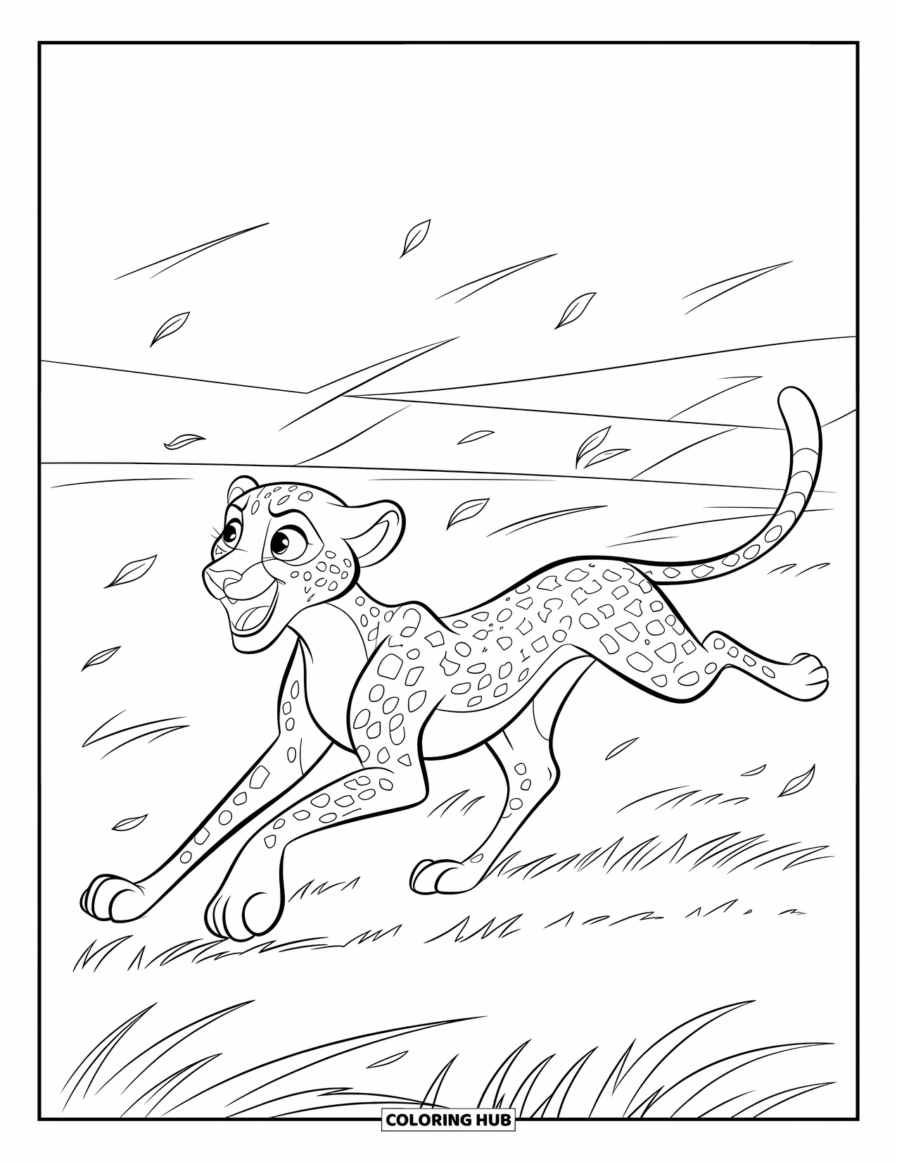 Cheetah Coloring Page for Kids: A cheetah sprints through rolling hills, mouth open and wind sweeping around it