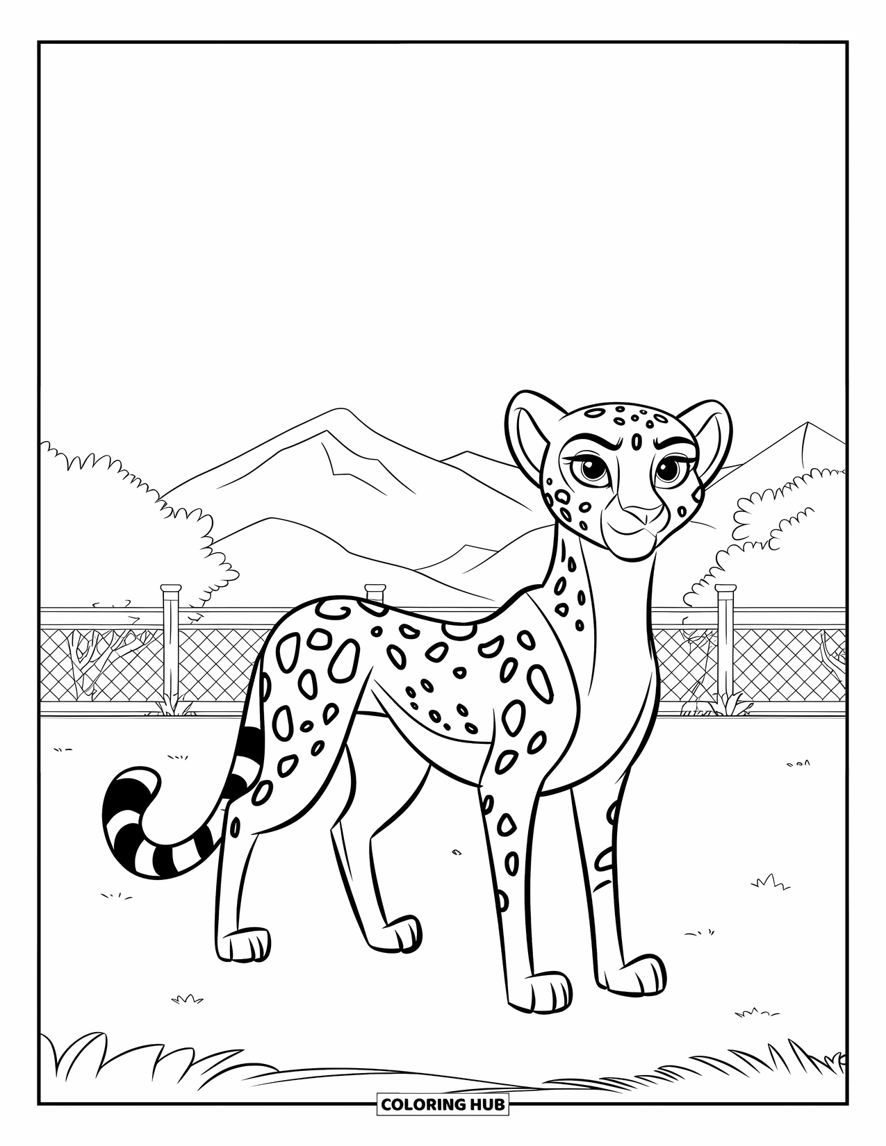 Cheetah Coloring Page for Kids: A cheetah stands in a fenced park with mountains far behind and a clear sky above