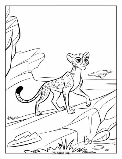 Coloriage Guépard pour enfants : Un guépard marche le long d’un chemin rocheux dans une vaste savane avec des arbres au loin