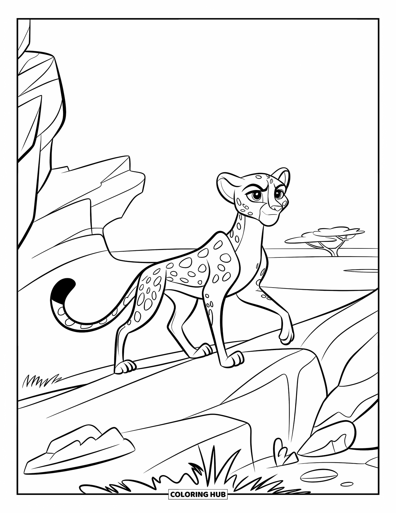 Cheetah Coloring Page for Kids: A cheetah walks along a rocky path in a vast savanna with trees far behind