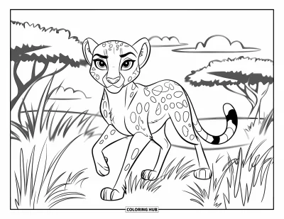Coloriage Guépard pour enfants : Un guépard marche dans de hautes herbes sous un ciel dégagé avec des arbres au loin en arrière-plan
