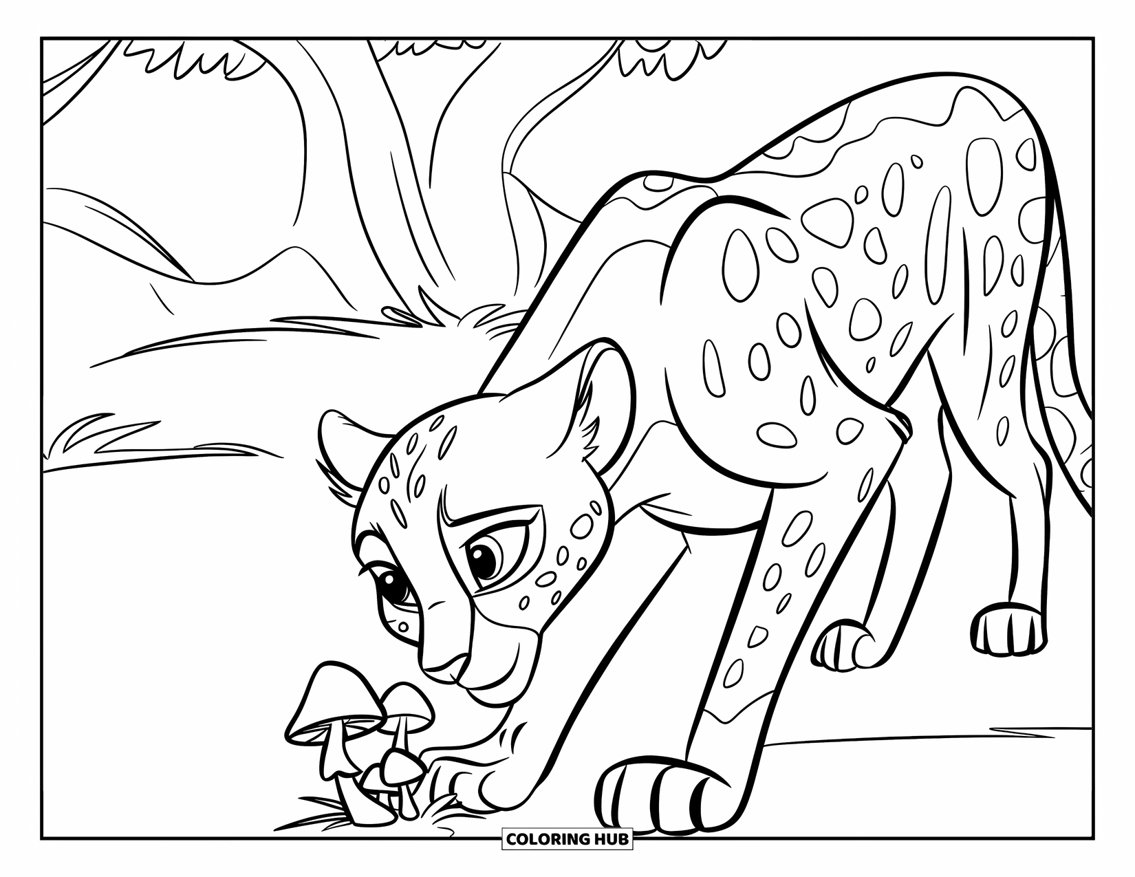 Cheetah Coloring Page for Kids: A cheetah with perked ears sniffs clustered mushrooms in a green field with trees