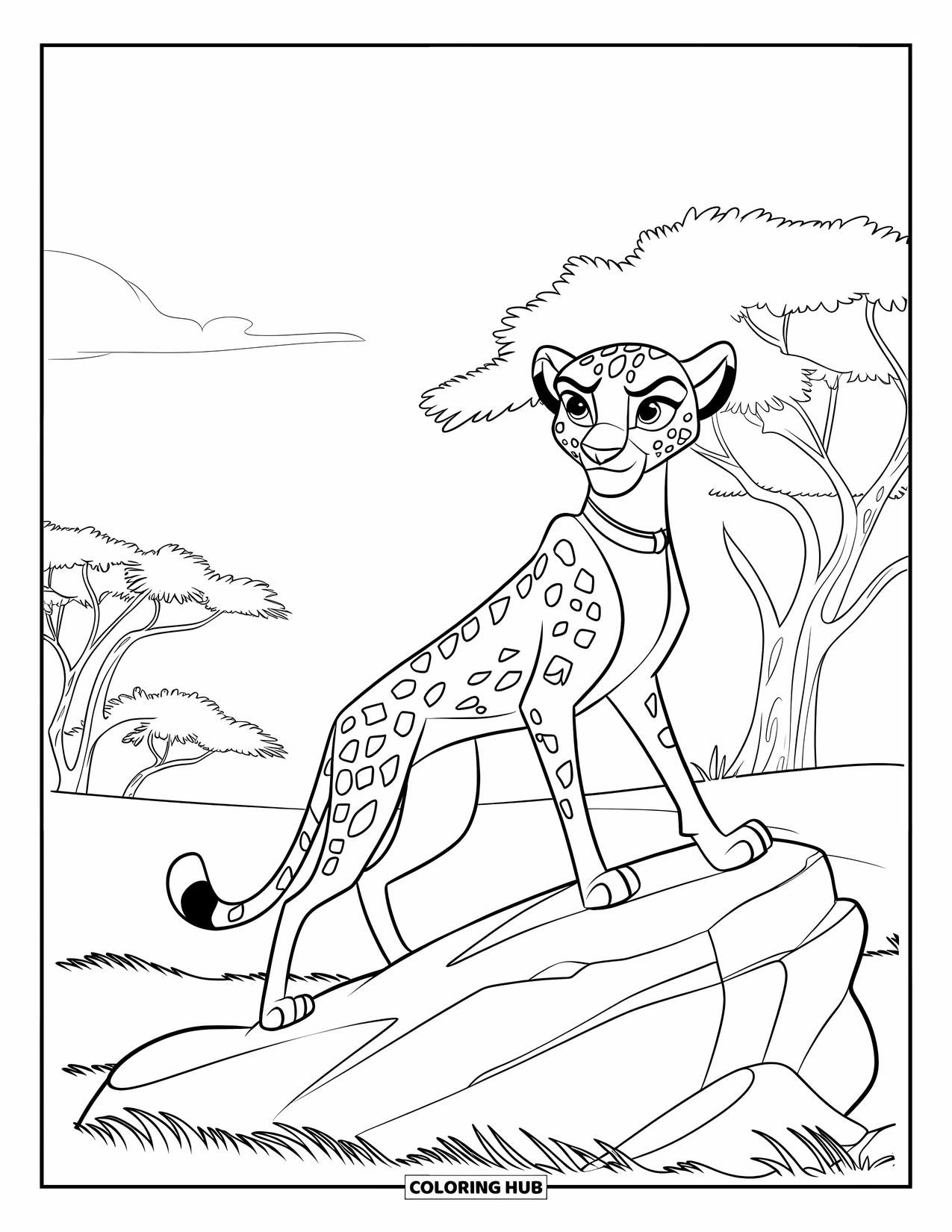 Cheetah Coloring Page for Kids: A collared cheetah stands alert on a rock surrounded by tall trees and clouds
