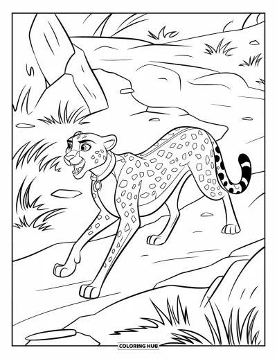 Coloriage Guépard pour enfants : Un guépard avec un collier marche sur un chemin rocheux à travers une savane herbeuse avec les dents apparentes