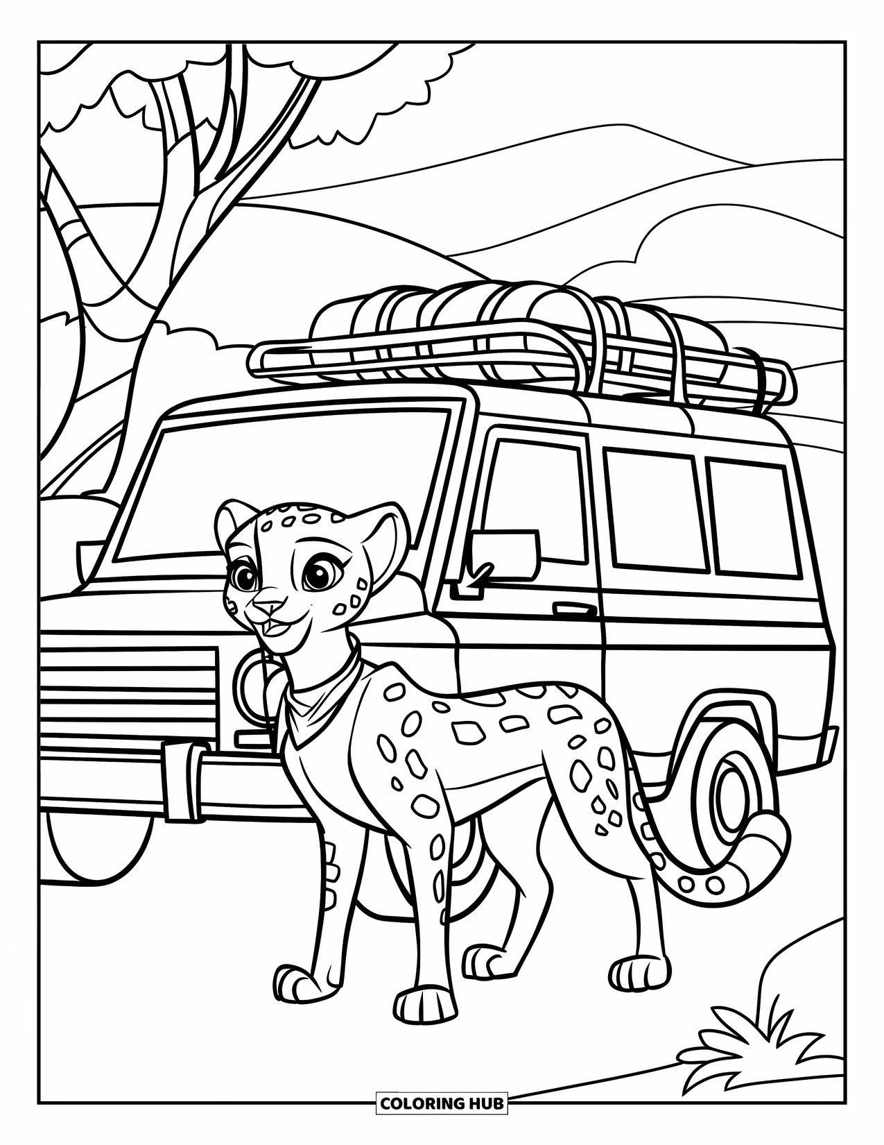 Cheetah Coloring Page for Kids: A collared cheetah with a bandana stands near a safari jeep with trees and hills