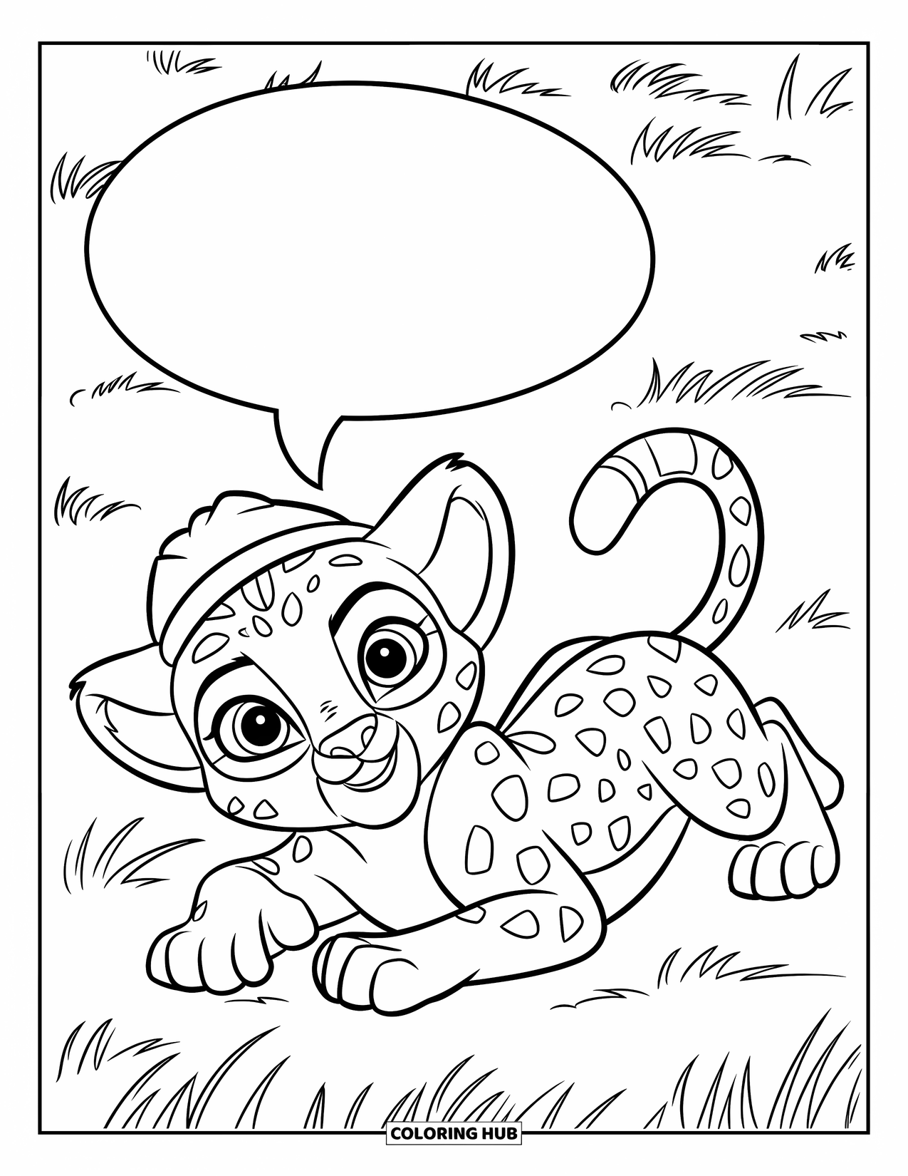Cheetah Coloring Page for Kids: A cub in a hat lies on grass with a speech bubble and meadow around