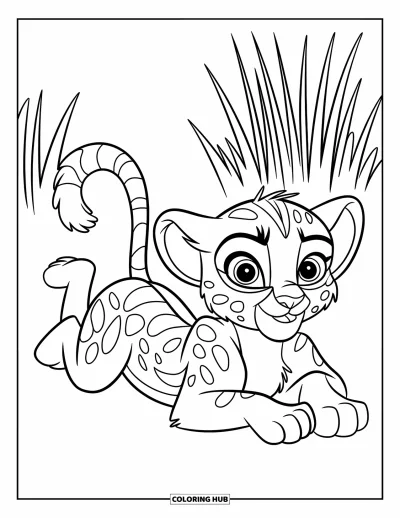 Coloriage Guépard pour enfants : Un bébé est allongé sur le ventre avec de grands yeux, entouré de hautes herbes et d’espace ouvert