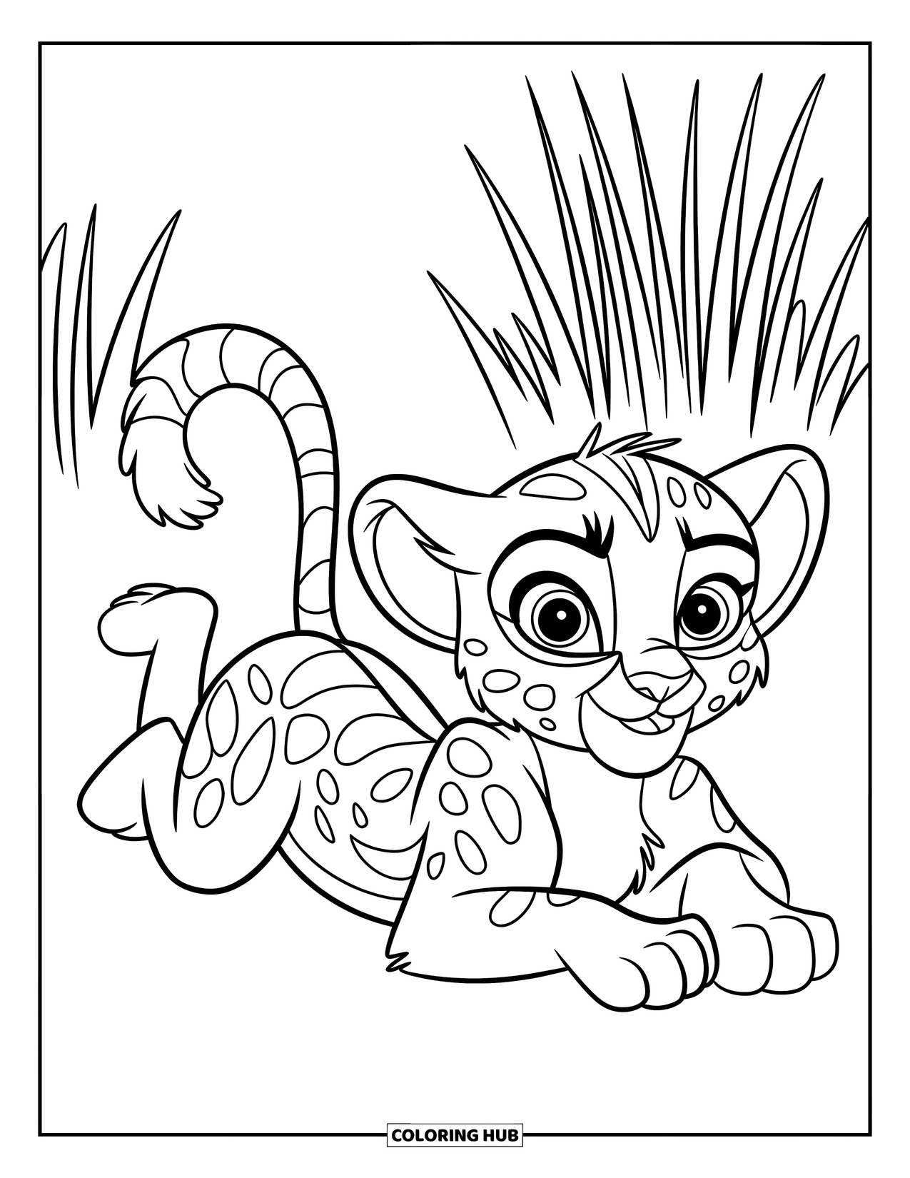 Cheetah Coloring Page for Kids: A cub lies on its belly with big eyes, surrounded by tall grass and open space