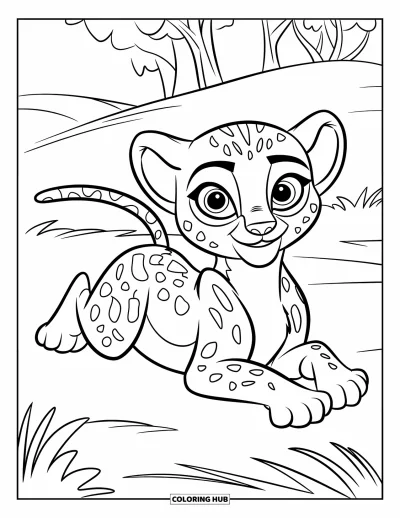 Coloriage Guépard pour enfants : Un bébé s’étire sur un terrain herbeux, les yeux grands ouverts, avec quelques arbres derrière