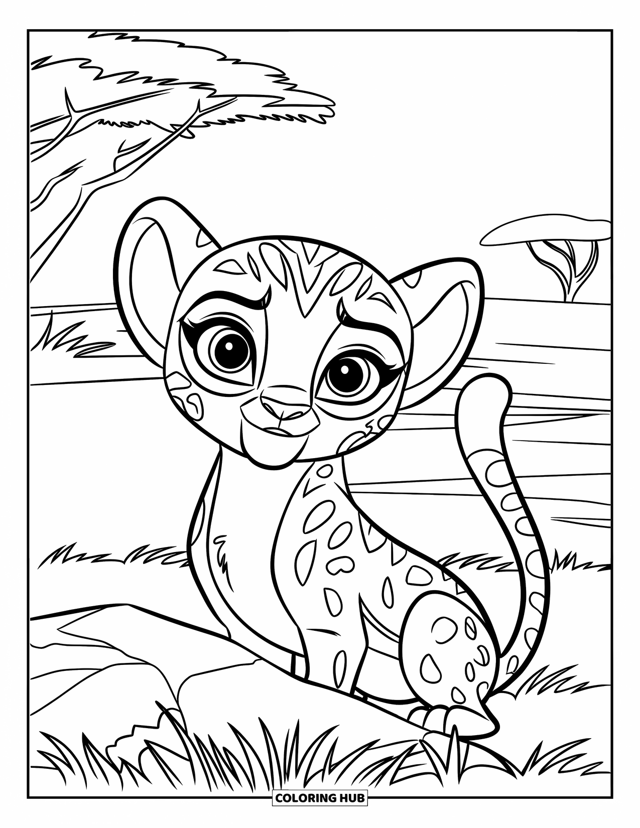 Cheetah Coloring Page for Kids: A curious baby cheetah peeks from behind a rock on grassy terrain