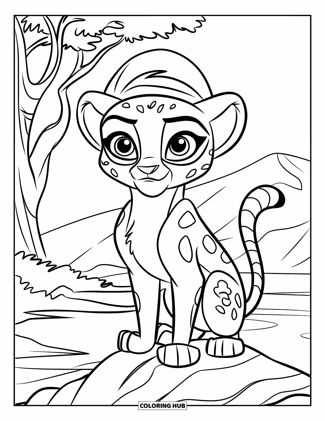 Cheetah Coloring Page for Kids: A curious cheetah cub in a hat sits on a rock with trees and mountains behind