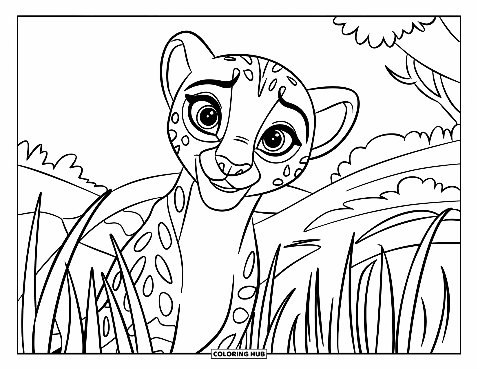 Cheetah Coloring Page for Kids: A curious cheetah peeks from the grass with a bright sky behind